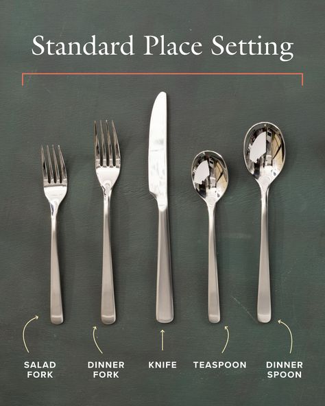 A standard place setting consists of a salad fork, a dinner fork, a knife, a teaspoon, and a dinner spoon. Many of the larger sets also include five serving utensils: a serving spoon and slotted spoon, a serving fork, a butter knife, and a sugar spoon. Tablescape Design, Best Chicken Ever, Company Dinner, Spoons And Forks, Slotted Spoon, Flatware Sets, Cooks Illustrated, America's Test Kitchen, Serving Fork