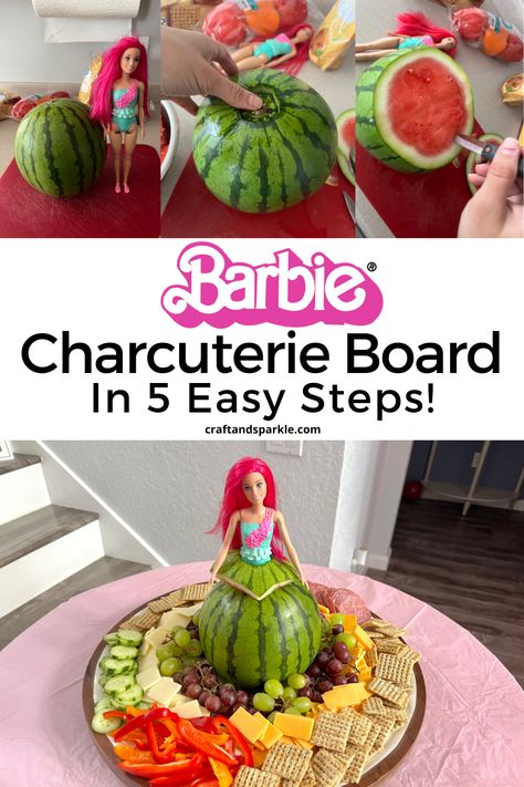 Barbie Birthday Party At Park, Barbie Veggie Tray, Charcuterie Board Barbie, Barbie Fruit Platter, Barbie Charcuterie Board Ideas, Chauterrie Board, Barbie Fruit Tray, Barbie Charcuterie, Barbie Charcuterie Board