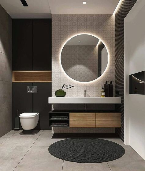 Design Interior Baie, Design Interior Modern, Mirror Circle, Toilette Design, Minimal Interior Design, Backlit Mirror, Small Kitchens, Bathroom Goals, Bathroom Inspiration Decor