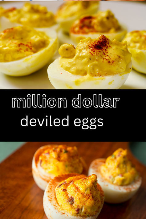 There are deviled eggs, and then there are Million Dollar Deviled Eggs! This is my all-time favorite recipe, featuring a secret ingredient that elevates the filling to new heights. Thanks Giving Deviled Eggs, Devils Eggs Recipe Best, Million Dollar Eggs, Deviled Eggs Recipe Best Thanksgiving Appetizer, Award Winning Deviled Eggs, Million Dollar Deviled Eggs Recipe, Double Eggs Recipe, How To Make Deviled Eggs Easy, Deviled Eggs Pioneer Woman