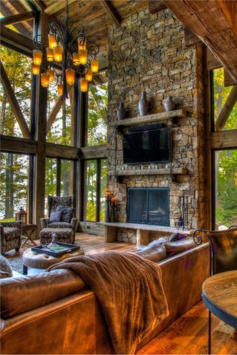 Stone Fireplace Designs, Luxury Home Accessories, Stone Farmhouse, Unique House Design, Rustic Cabin Decor, Log Cabin Homes, Home Fireplace, Unique Houses, Rustic Living