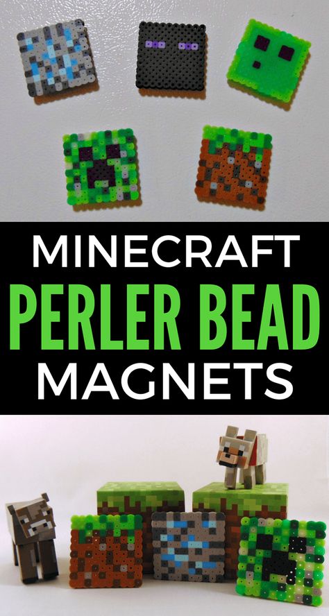 Easy Minecraft Perler Bead Magnets Minecraft Crafts For Kids, Perler Minecraft, Weaving Patterns For Beginners, Perler Bead Minecraft, Minecraft Perler Bead Patterns, Perler Bead Magnets, Minecraft Beads, Minecraft Pattern, Ironing Beads