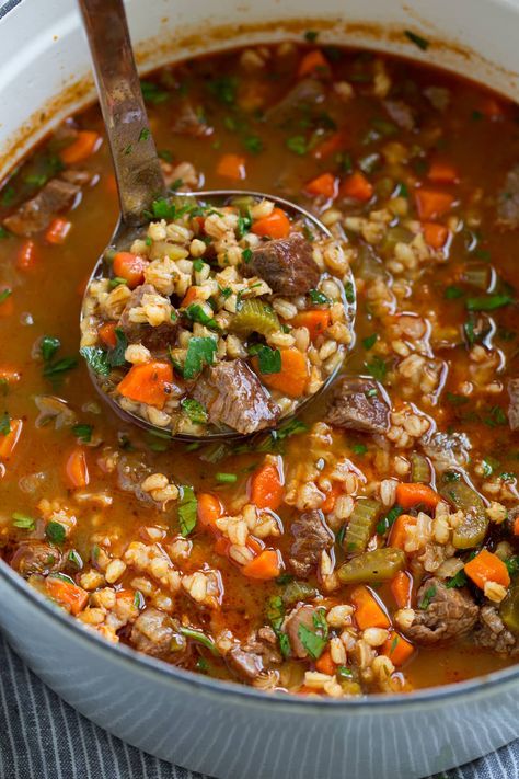 Beef Barley Soup - rich and hearty and perfectly cozy! Made with tender chunks of beef roast, nutritious whole grain barley, fresh veggies and a deliciously seasoned broth. A soup that's sure to warm the soul on chilly days! #beefbarley #soup #dinnerecipe #beef #roast Beef Barley Soup Stovetop, Instant Lasagna, Soup Stovetop, Beef Barley, Beef Barley Soup, Slow Cooker Beef Stew, Barley Soup, Lasagna Soup, Beef Soup