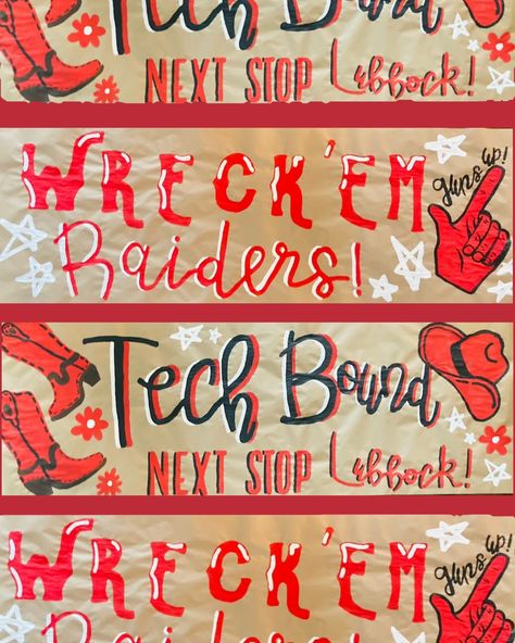 Wreck’em Tech ⚡️❤️🪩🖤✨ Gameday Banner Brown Paper, Texas Tech Graduation Party, Gameday Banner, College Banner, College Poster, Red Raider, Grad Banner, Raiders Girl, Banner Ideas