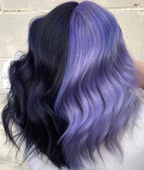 Pastel Purple And Black Hair, Colored Split Dye, Half And Half Hair Color Purple, Crazy Hair Dye, Black Split Dye Hair, Split Hair Color Ideas, Split Dye Hair Ideas, Burgundy Hair Color Ideas, Burgundy Hair Color