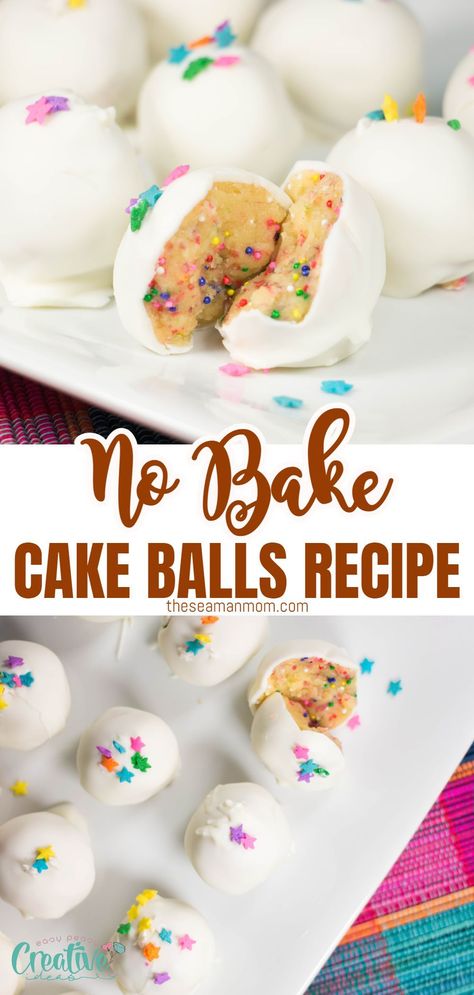 NO BAKE CAKE BATTER CAKE BALLS No Bake Cake Balls, Cake Batter Cake, Halloween Cake Balls, Chocolate Cake Pops Recipe, Cake Balls Recipe, Cake Batter Truffles, No Bake Cake Pops, Cake Pop Recipe Easy, Quick And Easy Sweet Treats