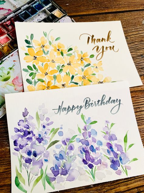 Card Lettering Ideas, Brush Pen Birthday Card, Happy Birthday Cards Watercolor, Watercolor Greeting Card Ideas, Brush Lettering Happy Birthday, Painted Birthday Cards, Happy Birthday Watercolor Card, Watercolor Happy Birthday Card, Birthday Watercolor Card