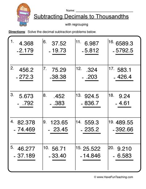 Decimal Subtracting Thousandths Worksheet Addition And Subtraction Of Decimals, Subtracting Decimals Worksheet, Subtract Decimals, Teaching Decimals, Decimal Numbers, Math Division Worksheets, Mental Maths Worksheets, Subtracting Decimals, Math Exercises