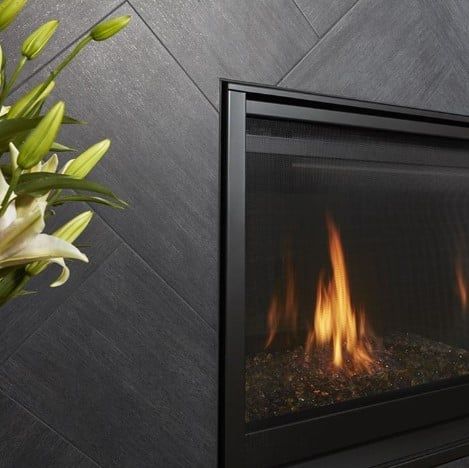 Tiled Fireplace Wall, Tile Around Fireplace, Slate Fireplace Surround, Black Fireplace Surround, Slate Fireplace, Arizona Tile, Tile Fireplace, Dark Tile, Fireplace Tile Surround