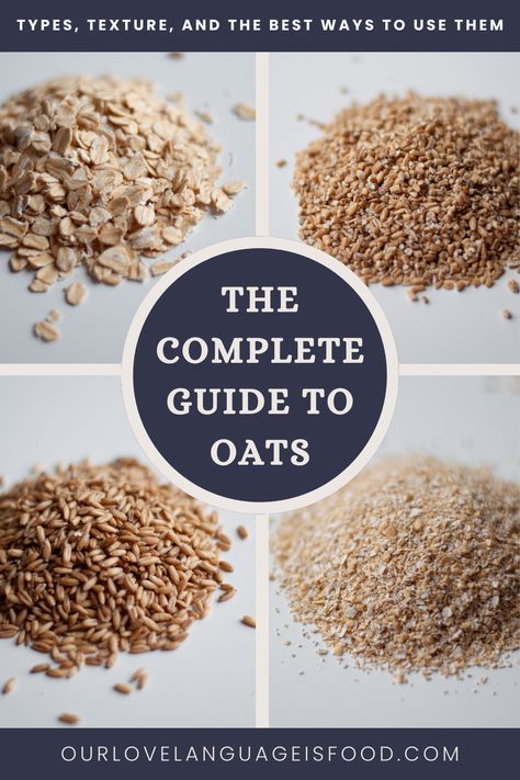 With so many different kinds of oats, it's easy to be confused with what type of oats to use! This oatmeal guide teaches you about the different types of oatmeal, the best ways to use each type, and general texture and cooking time notes. Be to sure SAVE this easy reference for when you're looking for how to bake oatmeal, what's the best oatmeal for overnight oats, and more! How To Eat Oatmeal When You Dont Like It, Types Of Oats, Bake Oatmeal, Quick Oatmeal, The Best Oatmeal, Old Fashioned Oatmeal, Oat Groats, Healthy Oatmeal Cookies, Old Fashion Oats