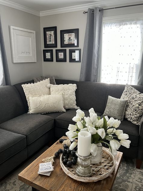 Small Living Room Ideas Dark Grey Couch, Living Room Decor Dark Grey Couch, Dark Grey Couch Living Room Ideas, Apartment Fever, Dark Grey Couch Living Room, Living Room Table Decor, Black Living Room Decor, Apartment Decorating Living, Living Room Wall Color