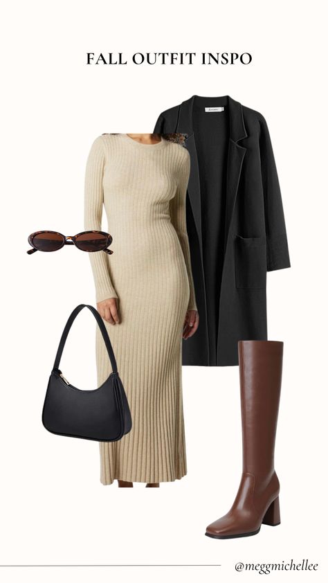 fall fashion, fall style, sweater dress, fall boots, brown boots, autumn fashion, style inspo, outfit ideas Brown Knit Sweater Dress For Winter, Fall Brown Midi Sweater Dress, Chic Brown Stretch Sweater Dress, Dress Brown Boots, Fitted Brown Midi Length Sweater Dress, Fitted Brown Casual Sweater Dress, Sweater Dress Brown, Style Sweater Dress, Sweater Dress Fall