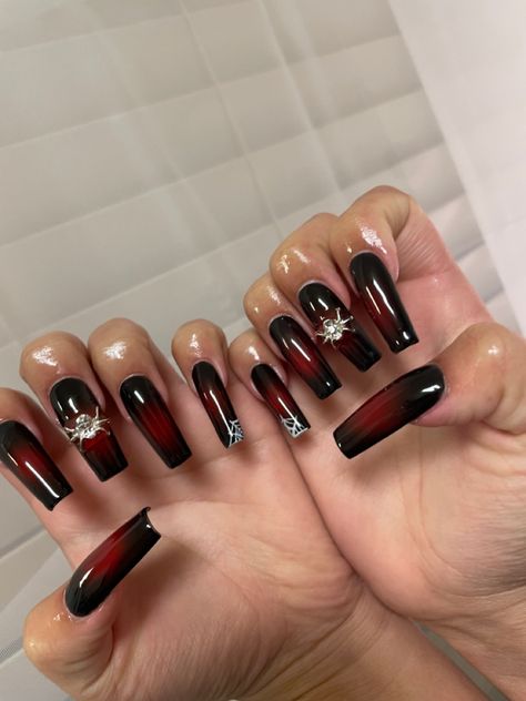 Jewels Nails Designs, Red Y2k Nails Acrylic, Long Black And Red Nails, Read And Black Nails, Black And Red Nails Wedding, Black To Red Nails, Red Tip Ombre Nails, Red Aura Nails Acrylic, Acrylic Nail Designs Red And Black