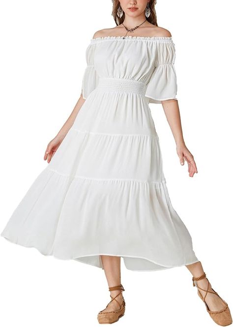 Amazon.com: Scarlet Darkness Women Long Flowy Dress Off Shoulder Tiered Summer White Dress Renaissance Costume White XL : Clothing, Shoes & Jewelry Grandma Dress, Dresses Cottagecore, Pirate Dress, Long Flowy Dress, Flowy Dress Long, Chemise Dress, Costume Women, Cottagecore Dress, Medieval Clothing