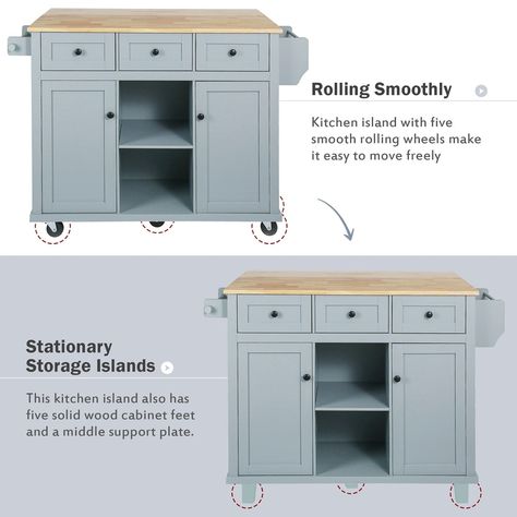 Multifunctional 52'' Rolling Kitchen Island With Drop-Leaf Countertop and 3 Drawers,Blue - Kitchen Cart - Bed Bath & Beyond - 38422524 Moveable Kitchen Island, Drop Leaf Kitchen Island, Cabinet Feet, Kitchen Carts On Wheels, Grey Blue Kitchen, Mobile Kitchen Island, Countertop Cabinet, Stationary Storage, Rolling Kitchen Cart