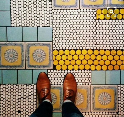 Pattern and colours Tiled Floor, Urban Interiors, Quirky Decor, Decoration Originale, Mosaic Flooring, Beautiful Tile, Floor Patterns, Yellow And Blue, Floor Design