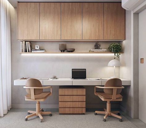 Home Office With Two Desks, Home Office Two Desks, Office With Two Desks, Japandi Home Office, Two Desks, Contemporary Office Design, Small Office Design, Modern Home Offices, Japandi Home