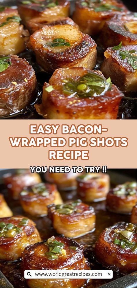 Looking for the perfect party snack? Look no further than these oven-baked pig shots! These delicious bites are made with thick-cut bacon, hearty sausage, and a rich cheese filling, delivering an explosion of flavor in every mouthful. Ideal for gatherings, these savory meat snacks are easy to prepare and can be made ahead of time. Impress your guests with this fun twist on traditional appetizers, and watch them disappear from the platter in no time. Sausage Bacon Bites, Pork Shots In Oven, Air Fryer Pig Shots, Grilled Pig Shots, Oven Baked Pig Shots, Finger Foods Meat, Pig Shots Recipe Oven, Pig Shots In The Oven, Baked Pig Shots