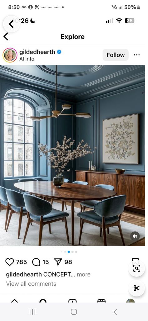 Blue Victorian Dining Room, Dark Blue Dining Room, Victorian Dining Room, Moody Dining Room, Blue Dining Room, Dining Room Victorian, Black Dining Table, Dining Room Blue, Black Dining