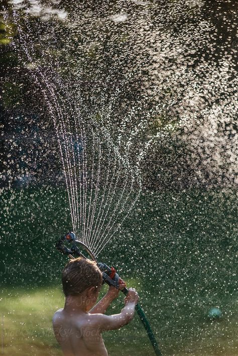 Child Playing With Sprinkler Water | Stocksy United by Raymond Forbes #stockphoto #stockphotography #raymondforbes #sprinkler #summer #heatwave #childhood #wet #spray #familylifestyle #hose #yard #play #water #refreshing #cool Sprinkler Aesthetic, Kids Playing Outside Aesthetic, Anotomy Reference, Play Sprinklers, Aqua Viva, Backyard Photoshoot, Charlie Core, Kids Sprinkler, Colour Drawing