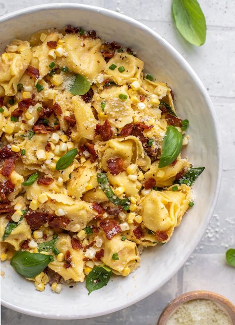 Tortellini Carbonara - Summer Tortellini Carbonara with Corn & Basil Dinner Ideas Tortellini, Fresh Corn Off The Cob, Tortellini Carbonara, Summer Tortellini, Summer Dinner Ideas, Make Ahead Salads, Comfort Dinner, Tortellini Recipes, Summer Dinner