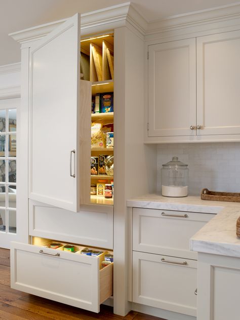 Yes, please- Love the drawers instead of lower cabinet doors for our bathroom vanity.  Also love the linner-lit cabinet/home office with the crown to the ceiling for my office/closet. Built In Pantry, Kitchen Cabinets Decor, New Kitchen Cabinets, Classic Kitchen, Kitchen Decorating, Pantry Design, Pantry Cabinet, White Kitchen Cabinets, Cabinet Decor