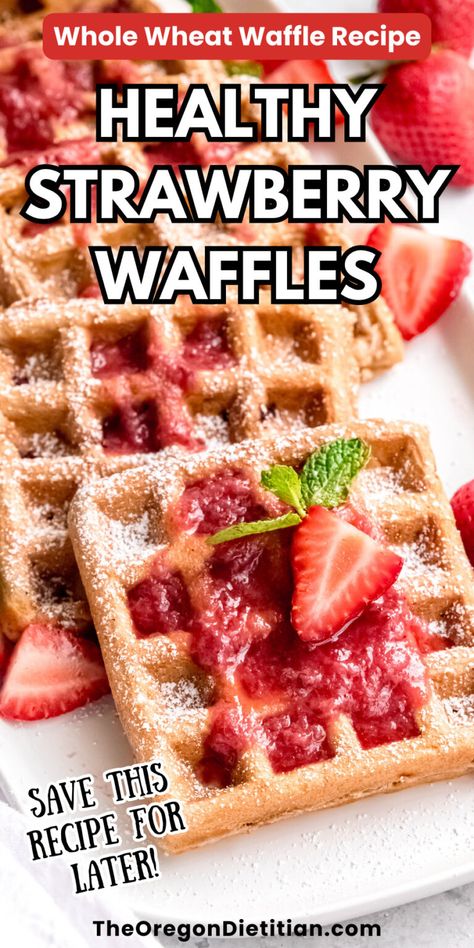 Get your day off to a great start with my healthy whole wheat strawberry waffles. These delicious guilt-free waffles are made with wholesome whole grains, packed with fiber and essential nutrients. Best of all they're easy to make only needing 10 simple ingredients. Whether you're looking for a satisfying breakfast or a tasty snack, these whole-grain strawberry waffles are the perfect choice. #healthybreakfast #healthysnack Waffle Recipe Healthy, Whole Wheat Waffles, Healthy Waffles, Strawberry Pancakes, Strawberry Breakfast, Strawberry Waffles, Healthy Strawberry, Waffle Toppings, Whole Grains