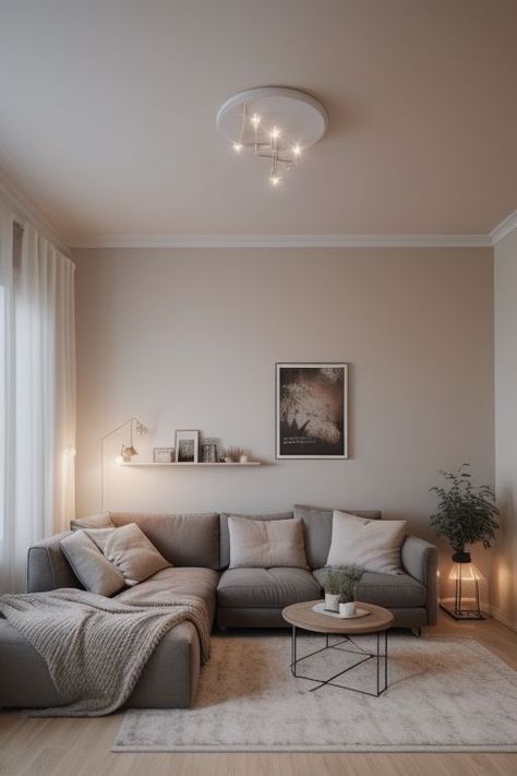 Ash Grey Living Room Ideas, Grey Sofa Beige Walls, Greige Apartment, Cream And Grey Living Room, Minimalist Cozy Living Room, Grey And Cream Living Room, Grey And Beige Living Room, Beige And Grey Living Room, Greige Living Room