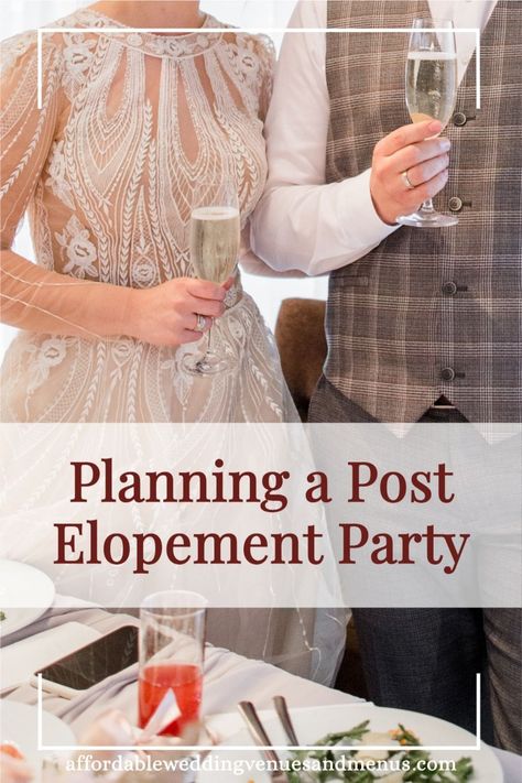 If you want to celebrate after eloping, you can plan a post elopement party. See how to find a venue, how much a post elopement party costs, planning food and drinks. What activities, wedding traditions and decorations should you plan for your post elopement reception? Find announcements and invitations for a party after eloping. Meet The Newlyweds Party, Post Wedding Celebration Invitations, Elope After Party Receptions, Ceremony After Elopement, Wedding Shower After Elopement, Affordable Wedding Reception Ideas, No Ceremony Wedding Reception, Wedding Reception No Ceremony, Casual Beach Wedding Reception