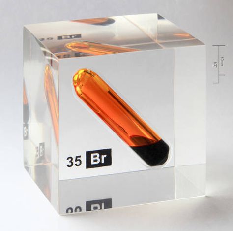 Nice display of bromine encased in an acrylic resin block Periodic Chart, Periodic Elements, Atomic Number, Outdoor Pools, Trophy Design, States Of Matter, Pool Service, Pure Form, Display Design