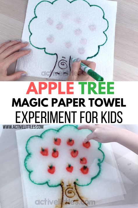 Paper Towel Experiment, Apple Tree Activity, Fall Science Activities, Apple Science Experiments, Preschool Apple Theme, Toddlers Activities, Science For Toddlers, Apple Preschool, Preschool Stem