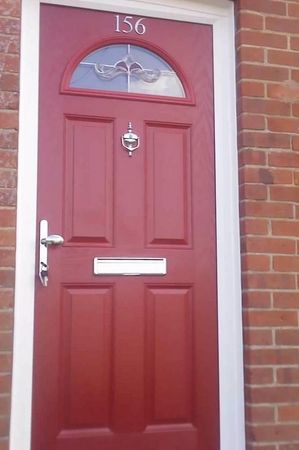 Edwardian Half Moon composite front door Upvc Front Door, Composite Front Door, Red Door, Door Installation, Half Moon, Tall Cabinet Storage, Front Door, Moon, Red