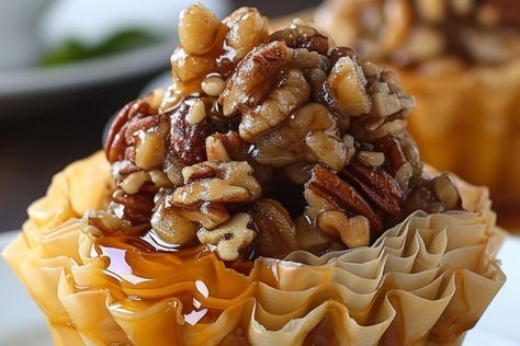 Pecan Caramel Baklava Cups Baklava Cups Phyllo Dough, Desserts In Phyllo Cups, Pecan Caramel Baklava Cups, Pecan Baklava, Fall Pastries, Baklava Cups, Baklava Recipes, Raspberry Cupcake Recipes, Filo Dough