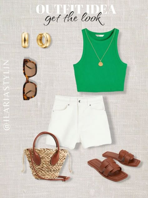 fashion inspo, summer fashion, summer outfit, summer outfit idea, outfit inspo, comfy chic, casual outfit, casual chic, effortless outfit, green top, tank top, white shorts, denim shorts, tan slides, brown slides, tan sandals, brown sandals, tan bag, straw bag, mini bag, style inspo, women fashion Light Green Crop Top Outfit, White Shorts Outfit Summer Casual, Green Top Outfit Summer, Green Casual Outfit, Green Crop Top Outfit, Amber Outfit, Steve Madden Sneakers Outfit, Green Summer Outfit, Outfits Calor