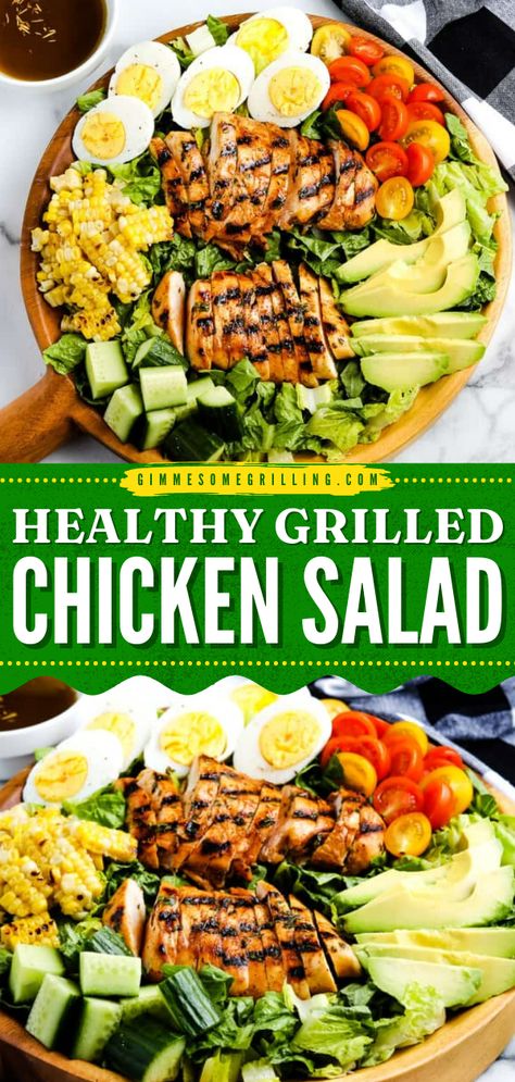 A delicious Grilled Chicken Salad that starts with a marinated, grilled chicken breast that’s piled on a bed of lettuce, hard boiled eggs, tomatoes, grilled corn, cucumbers and avocados. This healthy, delicious salad is perfect for all your summer meals! Chicken Breast Salad, Mediterranean Foods, Grilled Chicken Breast, Healthy Chicken Salad, Chicken Salad Recipe, Salad Ideas, Best Salad Recipes, Grilled Chicken Salad, Grilling Chicken Breast