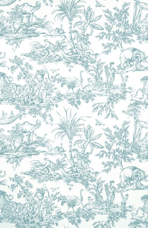 ANTILLES TOILE, Spa Blue, AF15170, Collection Antilles from Anna French French Wallpaper, Toile Wallpaper, Anna French, Toile Pattern, Tropical Animals, Blue Toile, Toile Fabric, Jungle Wallpaper, French Fabric