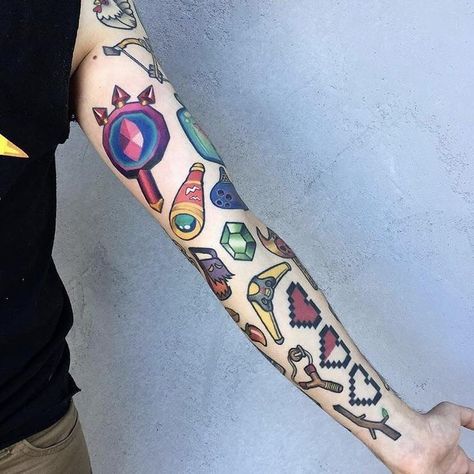 Nintendo Sleeve Tattoo, Zelda Hand Tattoo, Zelda Tattoo Sleeve, Gaming Tattoo Sleeve, Zelda Sleeve, Legend Of Zelda Tattoo, Video Game Tattoos, Zelda Tattoo, Gamer Tattoos