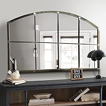 Mirror For Fireplace, Fireplace Entryway, Mirror Over Fireplace, Black Entryway, Mirror And Sconces, Mirror Farmhouse, Mantel Mirror, Wide Mirror, Arched Wall Mirror