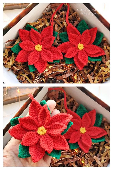 Christmas Poinsettia Crochet Pattern Poinsettia Crochet, Crochet Poinsettia, Crochet Ornaments Free Pattern, Christmas Ornament Crochet, Crochet Tree Skirt, Poinsettia Pattern, Christmas Table Runner Pattern, Ornament Crochet, Crochet Christmas Ornaments Free