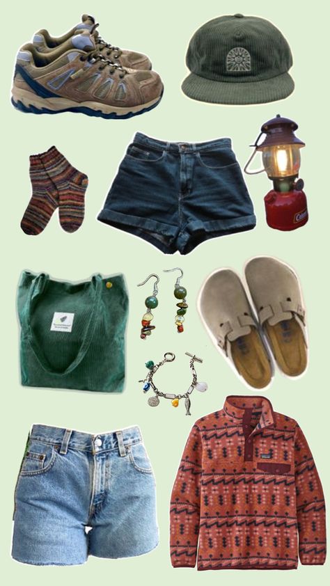 Granola girl aesthetic outfits collage, Patagonia synchilla fleece, hiking boots, Birkenstock clogs, Jean shorts, long Jean shorts, lantern, tote bag, green, cute socks, green hat, jewelry, beaded jewelry, charm bracelet, earrings, North West Outfits, Mountain Outfits, Granola Girl Aesthetic Outfits, Granola Girl Style, Outdoorsy Outfits, Granola Girl Outfits, Granola Outfits, Granola Style, Outdoorsy Girl