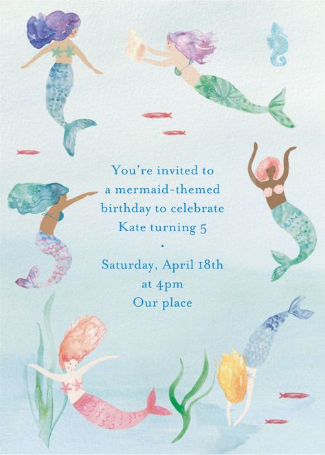 Meri Meri for Paperless Post. Make a splash with imaginative, customizable kids' mermaid birthday invitations. Track RSVPs, ask guests questions, and send via email, text message, or shareable link. Bday Invitation Card, Unique Birthday Invitations, Mermaid Theme Birthday Party, Mermaid Party Favors, Mermaid Kids, Mermaid Lagoon, Mermaid Invitations, Mermaid Birthday Invitations, Sea Birthday Party