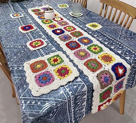 Amazon.com: RISEON Set of 8 Handmade Cotton Crochet Granny Squares Table Runner Coasters , Crochet Table Placement Table Centerpiece, Knitted Drink Coasters for Coffee Table Cupmats Farmhouse Home Boho Decor : Home & Kitchen Granny Square Tablecloth, Granny Square Table Runner, Crochet Centerpiece, Home Boho Decor, Modern Haken, Table Placement, Crochet Table Topper, Christmas Table Runner Pattern, Crochet Granny Squares