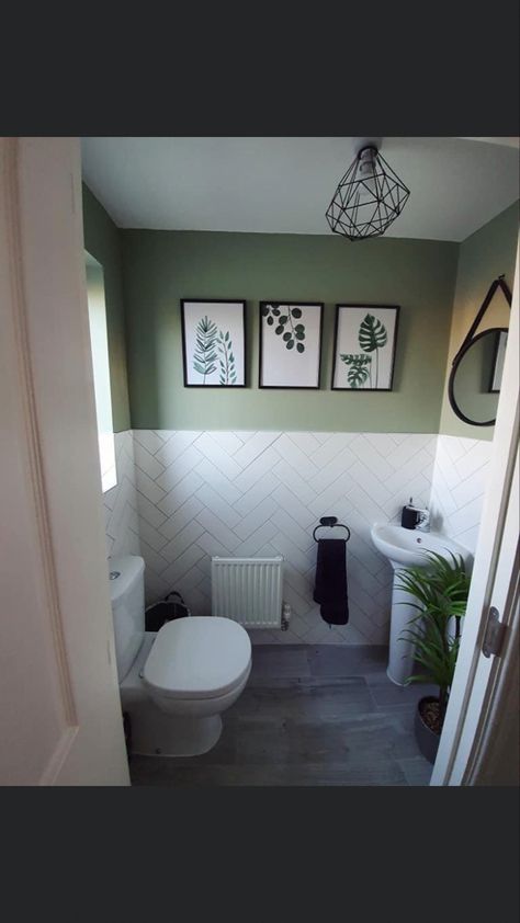 Green And White Downstairs Toilet, White Black And Gray Bathroom Ideas, Small Green Bathroom Decor, Gray Floor Green Wall Bathroom, Green And White Toilet Room, Green Bathroom With White Tile, Black Floor Green Walls Bathroom, Sage White Bathroom, Sage Green Black Bathroom