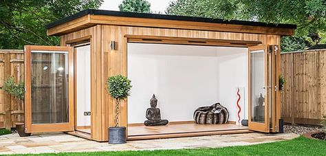 Garden Yoga Studios | Home Meditation Rooms | Crown Pavilions Garage Into Yoga Studio, Yoga Garden Space, Meditation Shed, Backyard Yoga Studio, Yoga Shed, Outdoor Yoga Studio, Small Yoga Studio, Accordian Door, Home Meditation Room