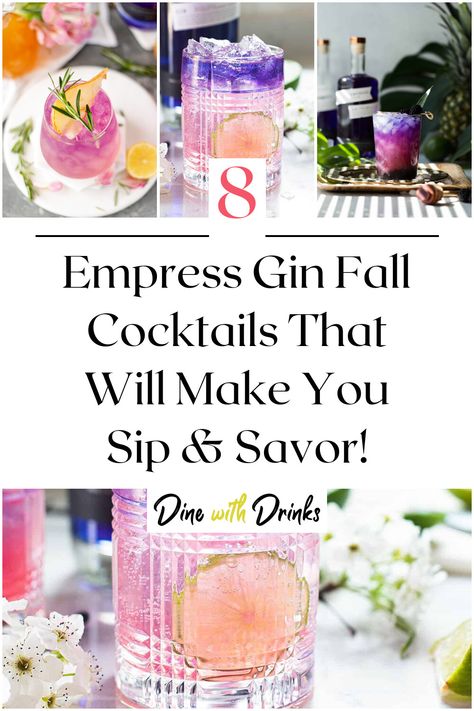 Collage of 4 empress gin fall cocktails. Fall Cocktails Empress Gin, Empress Gin Elderflower Cocktail, Cocktail Recipes Empress Gin, Empress Gin Fall Cocktail, Empress Gin Recipes, Fall Gin Drinks, Gin Cocktails Fall, Empress Gin Cocktail Recipe, Fall Gin Cocktails