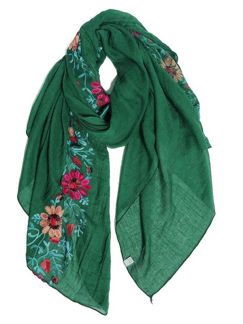 PRICES MAY VARY. Material: cotton and polyester blend, soft and comfy to touch, cozy to wrap around your neck. Size: 70.9"×35.4" (180×90cm), long and wide scarf, versatile enough to be worn as a oblong, shawl, or wrap. Embroidered Textiles: Delicate art hand embroidery flowers with green backgroud, folk inspired, perfect mix of classic and modern, gives a more artistic and natural feel. Unique accessory for Florals/Embroidery Theme Party, Garden Party or Chinese Event Theme Idea. Ways to Wear: k Shawl For Dress, Evening Shawls And Wraps, Scarf Embroidery, Embroidery Theme, Embroidered Textiles, Embroidery Scarf, Cotton Voile Fabric, Bohemian Chic Fashion, Let It Flow