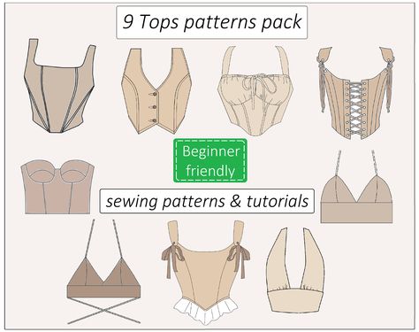 Sew A Top Pattern, Crop Top Template Sewing, Handkerchief Sewing Pattern, Beginner Corset Pattern, Rave Top Pattern, Corset Shirt Pattern, Beginner Sewing Outfits, Lace Sewing Patterns, Bolero Top Pattern