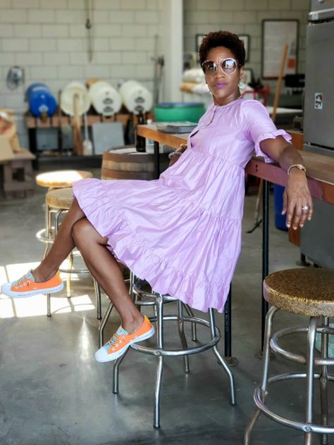 Lilac Style Outfit, Lilac Dress Outfit Casual, Lilac Fashion Style, Lilac Slip Dress Outfit, Chic Purple Ruffle Dress For Spring, Lilac Dress Outfit, Lilac Dress Street Style, Sabra Johnson, Dress Outfit Casual