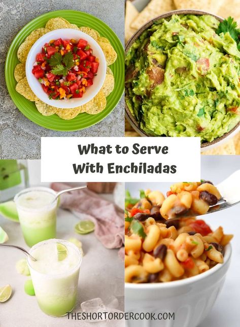 If you are trying to figure out what to serve & eat with homemade enchiladas or enchilada casserole for dinner, these are the best recipes. All these ideas pair well with beef, chicken, cheese or seafood enchiladas. The best side, appetizer, cocktails, & Mexican dessert recipes. Salsas, margaritas, rice, beans, guacamole, salad, sopapillas, & more. They are what to serve and tastes great for parties, potlucks, & birthdays. The best sides to serve with enchiladas. #mexicanfood #tequila #texmex What To Serve With Enchiladas Dinners, What To Serve With Enchiladas, Sides For Chicken Enchiladas, Sides For Enchiladas Dinners, Seafood Enchiladas, Bean Enchiladas, Mexican Dessert Recipes, Chicken Enchilada Casserole, Homemade Enchiladas