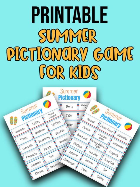 This Summer Themed Pictionary printable game for kids is a fun, low prep activity to keep kids busy during summer break. It makes a great party game for family game nights at home as well as played at school, while on vacation, at family gatherings, or even on a video call. Pictionary For Kids, Pictionary Words, Game Ideas For Kids, Last Days Of School, Bubble Activities, Family Feud Game, Drawing Ideas For Kids, Printable Games For Kids, Drawing Ideas Color